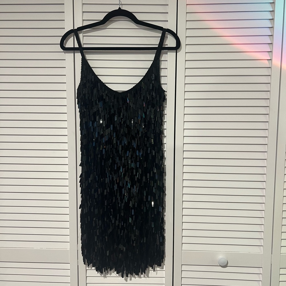 Vintage Oleg Cassini Black Sequin Fringe Silk Dress